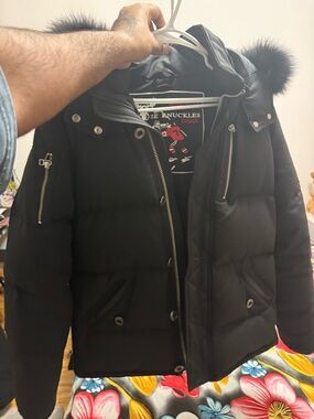 Moose Knuckles Black Puffer Jacket with Fur-Trim Hood